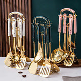 White Gold Stainless Steel Kitchen Utensil Set - 7-Piece Golden Cooking Tools with Stand V888-ELOSUNG15850