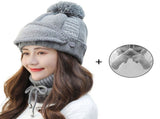 Women Winter Hat Set of 4 , Winter Beanie with Buttons Scarf Facial Cover and Touch Screen Gloves V1369-AZ3-W-12413