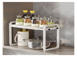 Tabletop Kitchen Storage Rack White Plastic Double Layers Telescopic Kitchen Shelf Organizer for V1294-YM0521-3118220328711