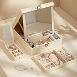 White Large PU Leather Jewelry Box with Mirror Lock - Velvet Lined Organizer for Rings, Necklaces V888-ELOSUNG47336