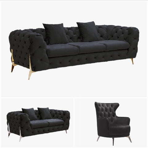 Grand Tufted Lounge - Black Velvet - Silver Legs V292-L-GR-B-3-2-1-S