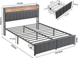 Queen Bed Frame with 2 Storage Drawers and LED Lights Headboard, Upholstered Bed Frame with Charging V1127-AU-2452QN-GRY
