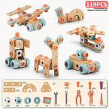 DIY assembly toy, wooden building set, electric drill toy for kids, educational construction toy, V1102-819-37423-MLT-144PCS