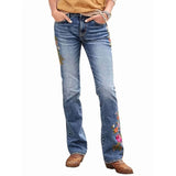Women'S Floral Embroidery Mid Waist Mid Stretch Bootcut Jeans with Pockets Blue M V1192-AZ-W-20810