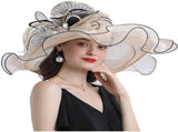 Women Hats Organza Butterfly Decoration Wide Brim Occasion Event Derby Church Dress Sun Hat V1366-AZ2-W-19862