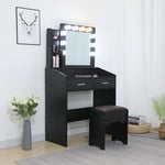 Diana Vanity Set with Shelves Cushioned Stool and Lighted Mirror- Black V264-TAB-717C-BLK-NA-1