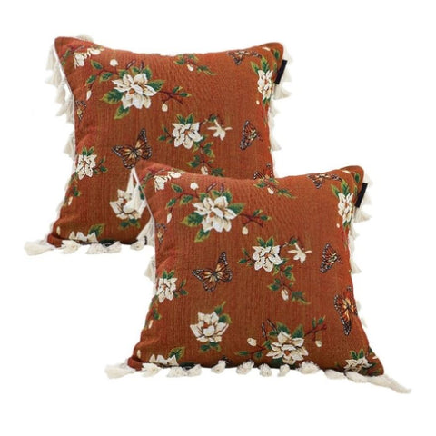 SOGA 2X 45cm French Vintage Butterfly and Flower Tassel with Caramel Color Throw Pillow FRENCHCUSHION248X2