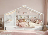 Artiss Kids Single Bed Frame with 3 Storage Bookcase & 2 Drawers House Bed Solid Wood Montessori Bed WBED-F-DREGO-S-WH-DRAW