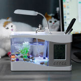 Multifunctional USB Rechargeable Mini Fish Tank Aquarium with Clock Function LED Light White V1294-YM0727-JY05831-01