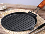 SOGA 2X 24cm Round Ribbed Cast Iron Steak Frying Grill Skillet Pan with Folding Wooden Handle ZPAI026X2