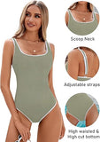 Women's Matcha Green One Piece Swimsuit with White Trim Adjustable Strap, Ribbed, High Cut for V1107-MATCHA GREEN ONE PIECE SWIMSUIT-M