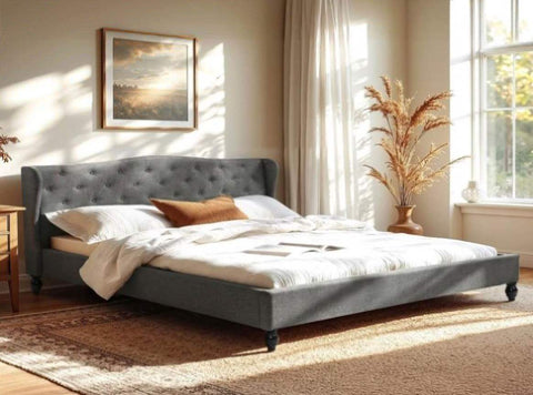 Artiss King Bed Frame with Wingback Headboard Grey Linen Upholstered Platform Bed Base BFRAME-G-PIER-K-GY-ABC