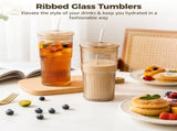 2PCS Ribbed Glass Tumblers, 22oz Amber Drinking Cups with Straws and Lids, Borosilicate Glassware V1369-AZ3-W-08851