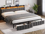 King Bed Frame with 2 Storage Drawers and LED Lights Headboard, Upholstered Bed Frame with Charging V1127-AU-2452KN-GRY