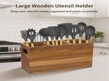 Large Wooden Utensil Holder, 3-Compartment Utensil Organizer for Kitchen, Farmhouse Natural Wood V1369-AZ3-W-08586