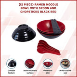 12 Piece Ramen Noodle Bowl with Spoon and Chopsticks Black Red V63-932061