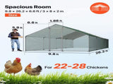 Metal Chicken Coop, 9.8x26.2x6.5 ft Large Walk-in Chicken Runs with Cover, Spire Roof Hen House V952-JSJS382MJDDMBL240001V0
