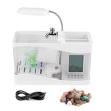 Multifunctional USB Rechargeable Mini Fish Tank Aquarium with Clock Function LED Light White V1294-YM0727-JY05831-01
