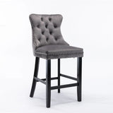 6X Velvet Bar Stools with Studs Trim Wooden Legs Tufted Dining Chairs Kitchen V226-SW1802GY-3
