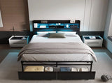Double Black LED Bed Frame with 2 Storage Drawers and Charging Station V178-59297