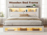 Artiss Queen Bed Frame with Storage Bookcase Headboard and Footboard White Wooden Platform Bed with WBED-F-LYMES-Q-WH-ABC