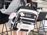 Women's Large Aesthetic Backpack Black Nylon Daypack with Cute Bear Plushie & Pins For High V888-ELOSUNG41086
