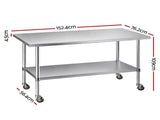 Cefito 1524x762mm Stainless Steel Kitchen Bench w/ Splashback Work Table Prep Bench Commercial 430 SSKB-430S-WHEEL-60-30