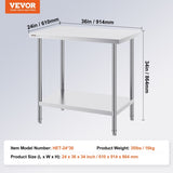 Stainless Steel Prep Table, 24 x 36 x 34 Inch, Heavy Duty Metal Worktable with 3 Adjustable Height V952-CFBXGGZTLCWJOPMIYV0