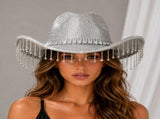 Silver Rhinestone Fringe Cowboy Hat - Sparkling Western Party Hat with Round Gemstone Band and V888-ELOSUNG57115-1