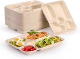 50 Pack 5 Compartment Disposable Paper Plates, 11" x 8" Compostable Bagasse School Lunch Tray, V1259-DP01-A-896