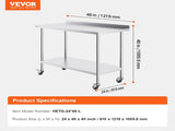24 x 48 x 40 Inch Stainless Steel Work Table, Commercial Food Prep Worktable with Casters, Heavy V952-CFBXGGZTLCDJOVC8PV0