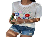 Women Summer Crochet Tops Scoop Neck Short Sleeve Pullover Sweater Hollow Out Knit Tops White XL V1192-AZ-W-20825