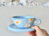 Ceramic Coffee Mug, White and Blue Floral Handpainted Stoneware Tea Cup with Handles, Microwave, V1370-AZ4-06311