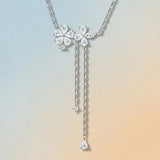 925 Silver Moissanite Flower Tassel Necklace Sparkling Four-Petal Pendant with Dual Drop Chains, V1341-ZY-U4D9KVGT-MOISSANITE-PREMIUMS925
