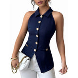 Women'S Halter Neck Vest with Lapel Collar and Button Down Design for Business Casual Wear XXL V1192-AZ-W-20750