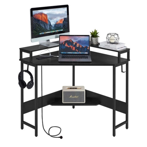 Casadiso L-Shaped Computer Desk with Charging Station, Black Gaming Desk with Built-in Power Board V384-AQUARIUS7PBL