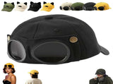 Aviator Style Baseball Cap with Integrated Goggles,Retro Pilot Style Hats Canvas Baseball Cap with V1107-922-93509-BLK