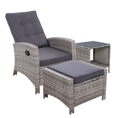 Gardeon 3PC Recliner Chairs Table Sun lounge Wicker Outdoor Furniture Adjustable Grey ODF-RECLINER-CHOTTB-3GE