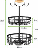 2-Tier Fruit Basket Bowl Storage with Wood Lift Handle and Dual Banana Tree Hanger for Kitchen V178-36086