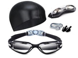 Black Swim Goggles Set with Cap, Nose Clip, Earplugs & Case Anti-Fog UV Protection for Men & Women V1107-BLACK SWIM GOGGLES SET