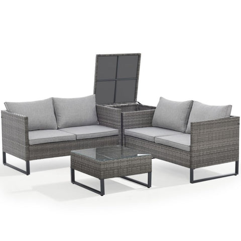 LONDON RATTAN 4 pc Outdoor Furniture Setting, 4 Seater Lounge, Chairs, Coffee Table and Storage Box, V219-OTDOLSLR4PSA