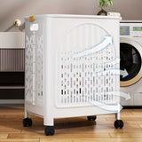 A wheeled foldable plastic laundry basket, suitable for dirty clothesnd easy to move. It features V1106-XYL001