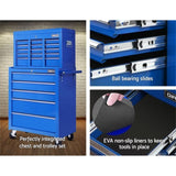 Giantz 14 Drawer Tool Box Cabinet Chest Mechanic Garage Storage Trolley Blue TB-14DR-CH-RO-BU