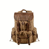Retro Waxed Canvas Backpack, Crazy Horse Leather Large Capacity, Waterproof Outdoor Travel, V1232-FBSJB-001