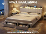 Artiss Queen Upholstered Bed Frame with Shelf Storage Drawers Charging Station Mood Lighting Linen BFRAME-G-NOUVEA-Q-BG-ABC
