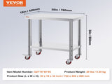 30x18x34 Inch Stainless Steel Work Table 3-Stage Adjustable Shelf with 4 Wheels Heavy Duty V952-CFGZT30X18X34YC01V0