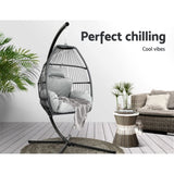 Gardeon Outdoor Egg Swing Chair Wicker Rope Furniture Pod Stand Cushion Grey HM-EGG-ROPE-S-GREY