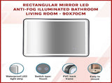 Rectangular Mirror LED Anti-Fog Illuminated Bathroom Living Room - 90x70cm V63-840631