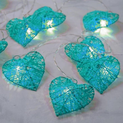 50 Turquoise Blue 3D Hollowed Rattan Heart-Shaped 5M LONG String Fairy Lights, Battery Indoor & V382-TURQHRTRATTBATT50