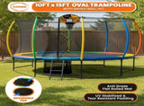 Kahuna 10 ft x 15 ft Oval Outdoor Trampoline w/ Basketball Set Reversible Rainbow & Orange Safe TRA-ZOV-1015-RBOR-BB